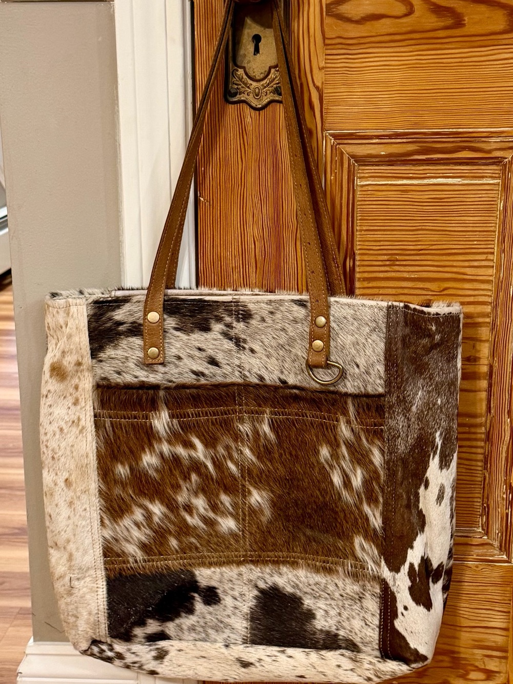 MYRA Brown and White Cowhide Tote Bag with Leather Straps